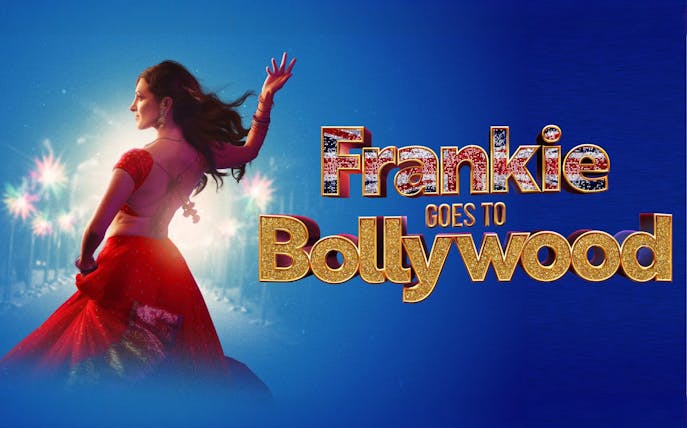 Dancer in red sari with "Frankie Goes to Bollywood" text on blue background.