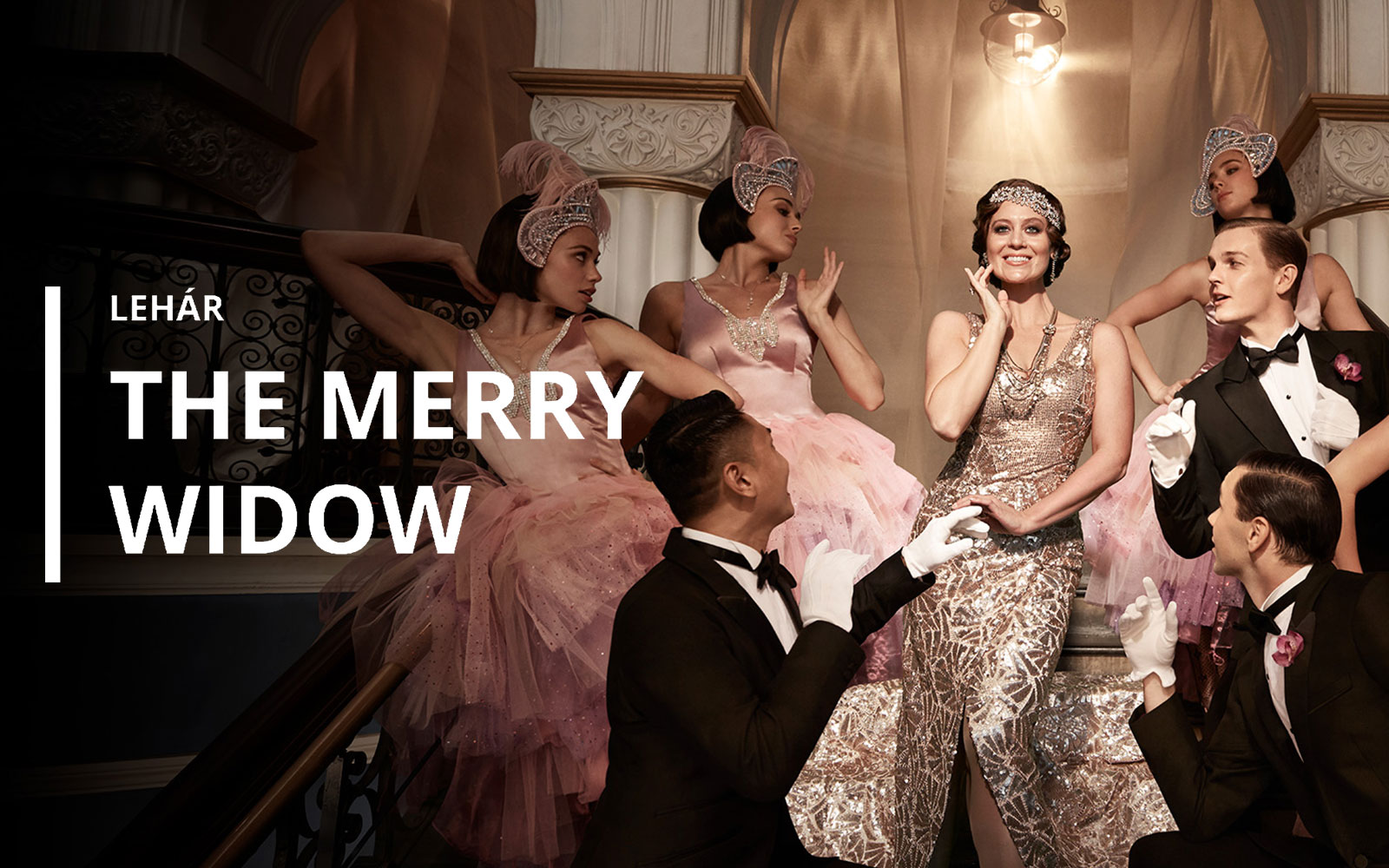 The Merry Widow poster with performers in elegant attire on a grand staircase.