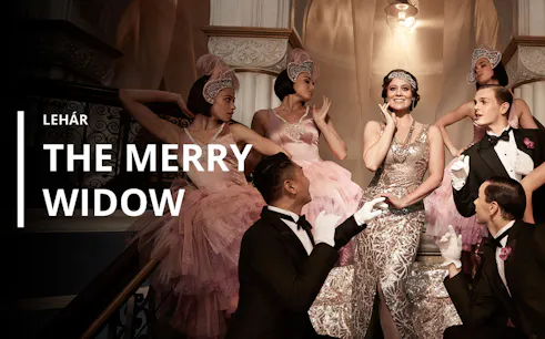 The Merry Widow poster with performers in elegant attire on a grand staircase.