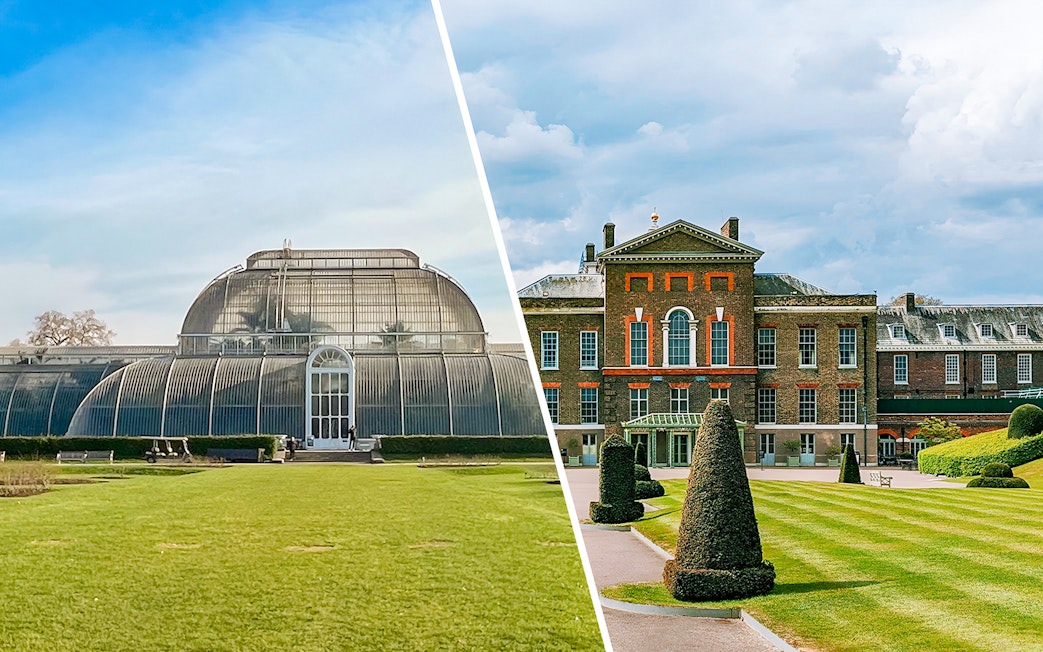 Kew Gardens glasshouse and Kensington Palace exterior in London.