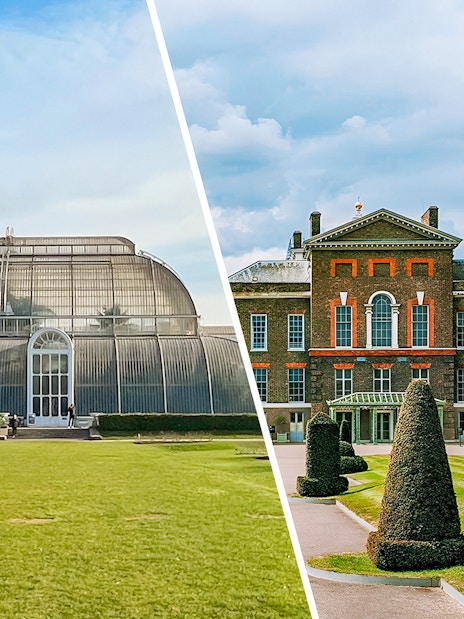 Kew Gardens glasshouse and Kensington Palace exterior in London.