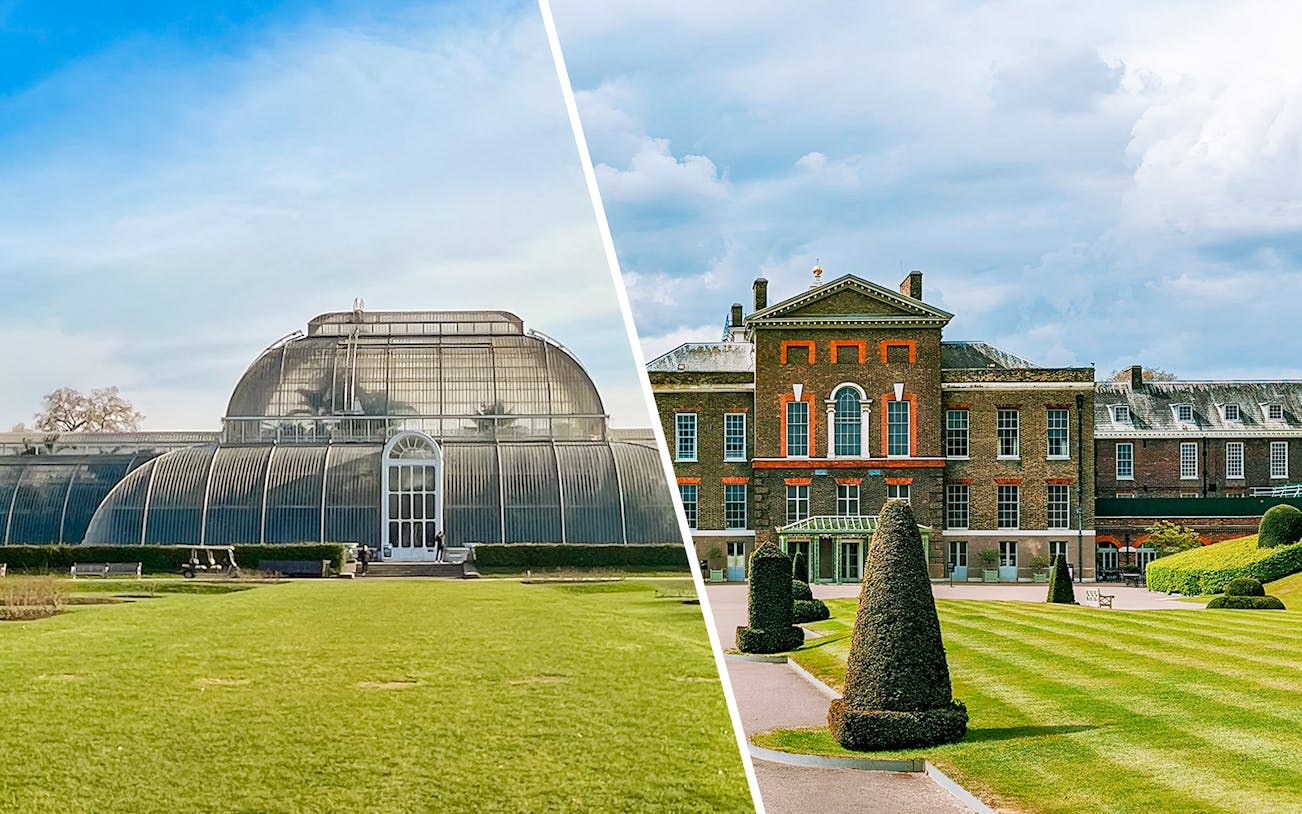 Kew Gardens glasshouse and Kensington Palace exterior in London.