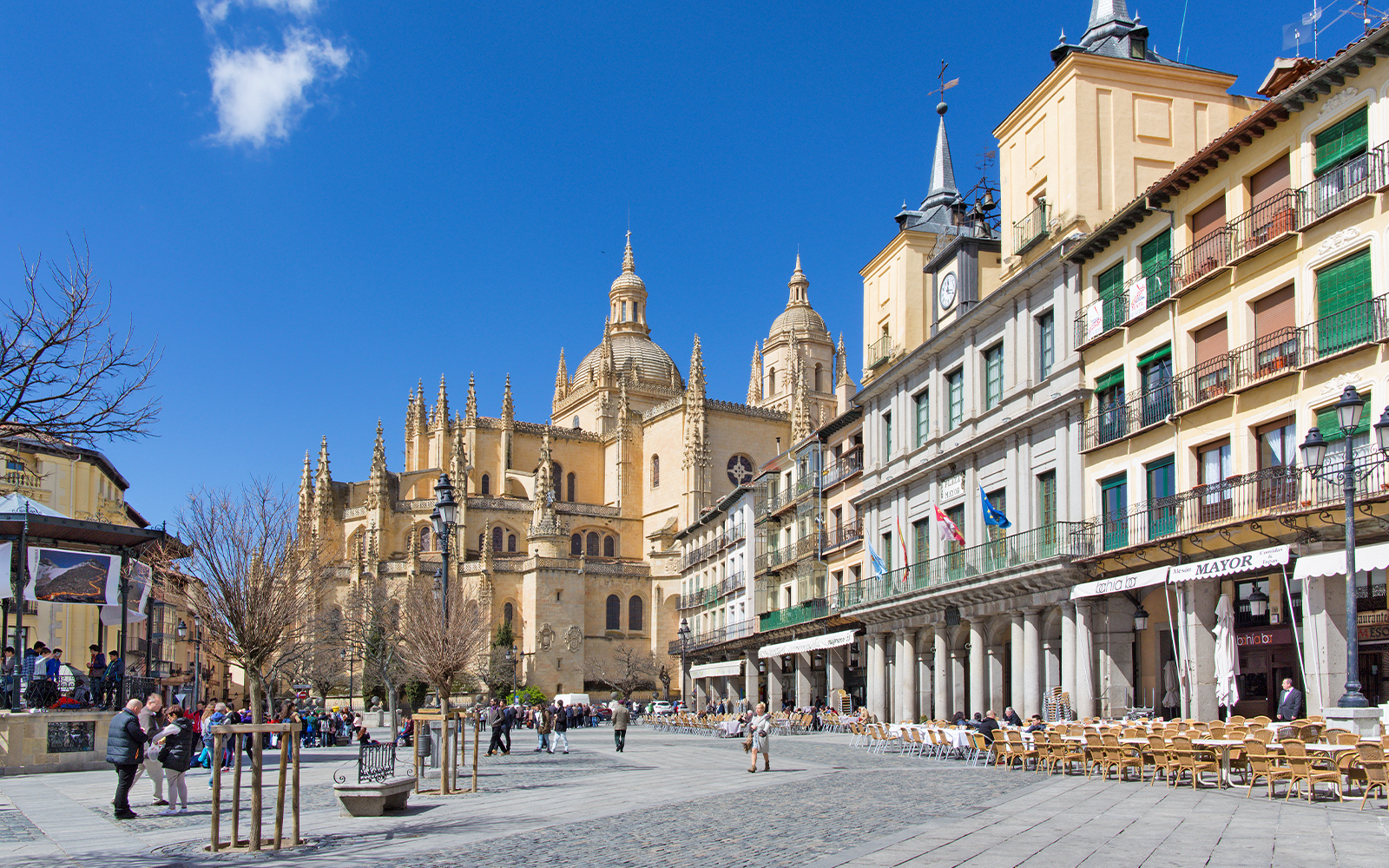 Plaza Mayor in Segovia with Segovia Cathedral in the background.