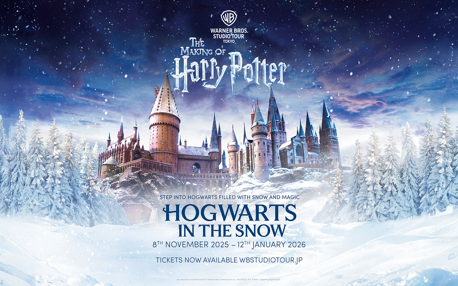 Hogwarts castle covered in snow, promoting The Making of Harry Potter Studio Tour in Tokyo.