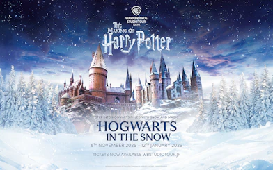 Hogwarts castle covered in snow, promoting The Making of Harry Potter Studio Tour in Tokyo.