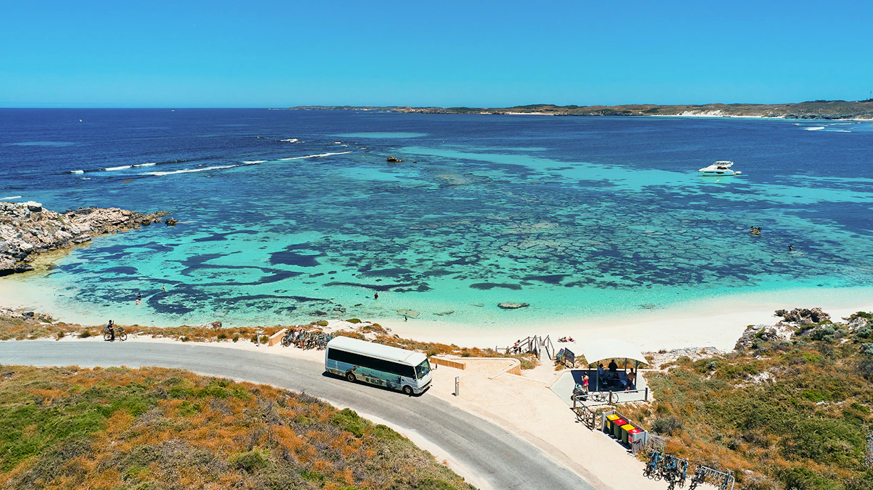 Eine Gruppe von Touristen genießt die Rottnest Island Guided Bus Tour mit einer Fähre von Perth oder Fremantle zurück, mit einer malerischen Aussicht auf die Küste der Insel im Hintergrund.
