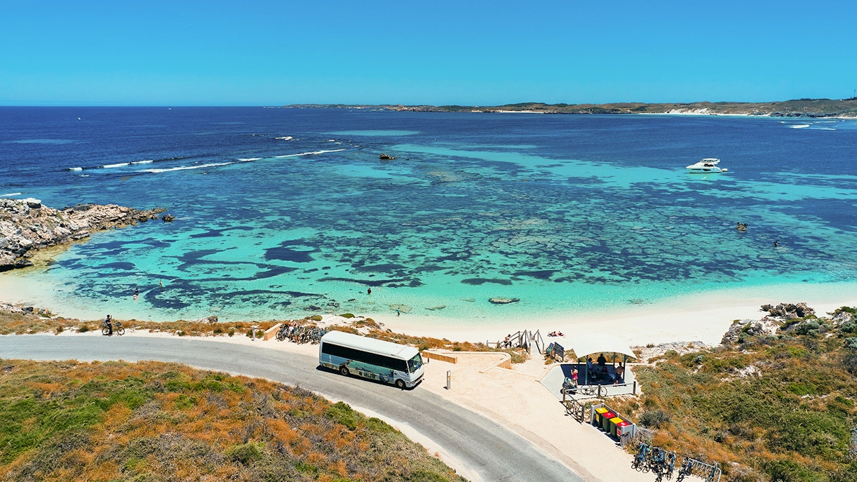Group of tourists enjoying the Rottnest Island Guided Bus Tour with a return ferry from Perth or Fremantle, with a scenic view of the island's coastline in the background