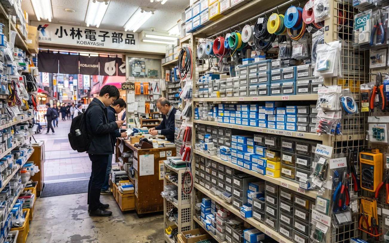 Electronics shop interior in Osaka's Den Den Town with shelves of components and customers browsing.