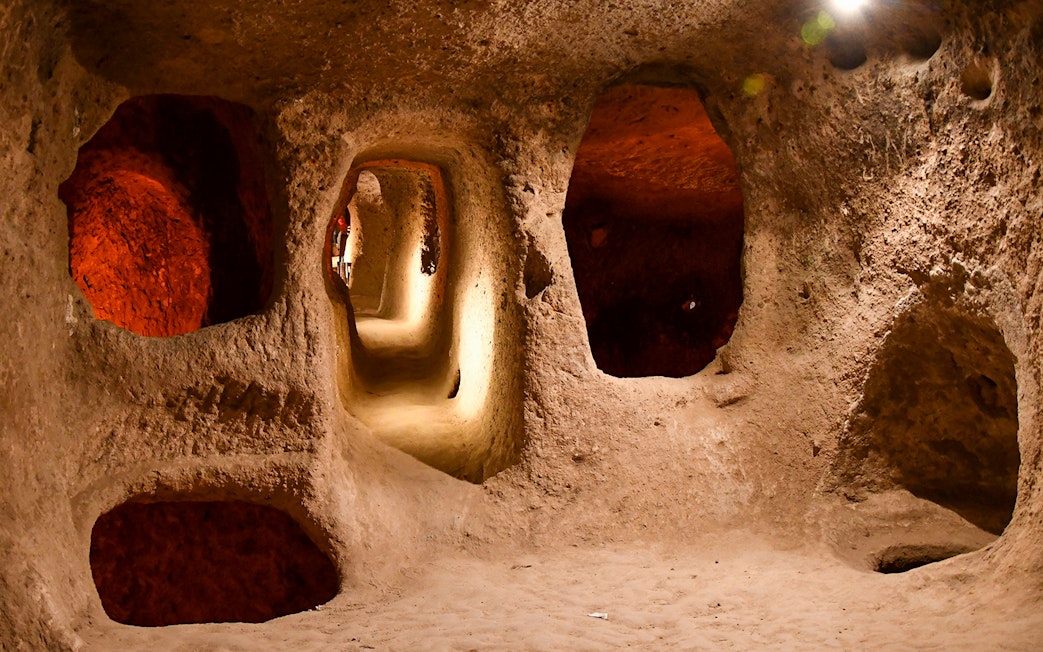 Maze-like tunnels in Derinkuyu Underground City, Cappadocia, Turkey.