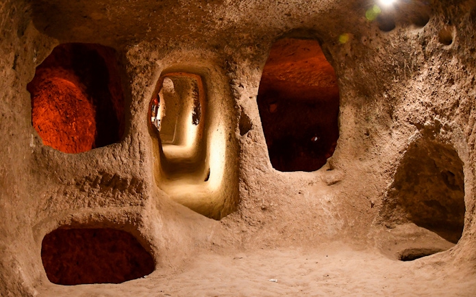Maze-like tunnels in Derinkuyu Underground City, Cappadocia, Turkey.