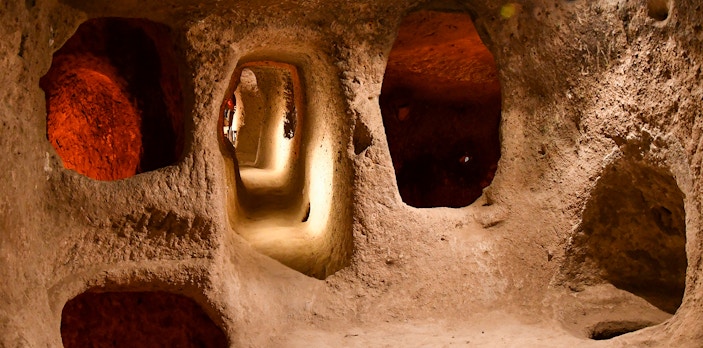 Maze-like tunnels in Derinkuyu Underground City, Cappadocia, Turkey.