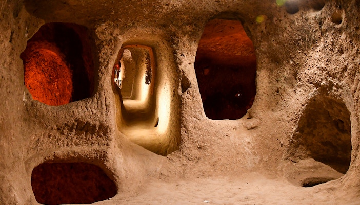 Maze-like tunnels in Derinkuyu Underground City, Cappadocia, Turkey.