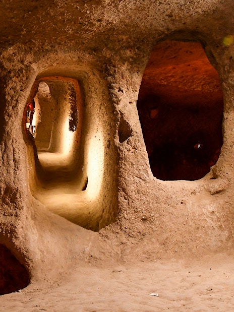 Maze-like tunnels in Derinkuyu Underground City, Cappadocia, Turkey.