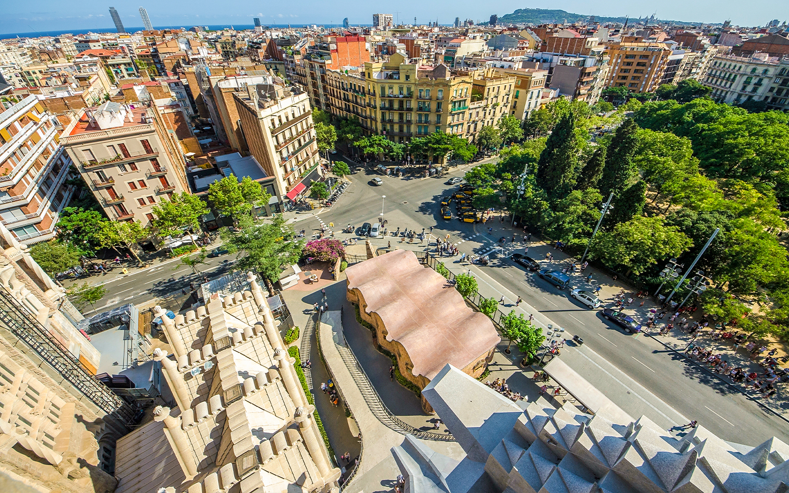 Top-down view of Barcelona streets and buildings from Sagrada Familia, Spain.