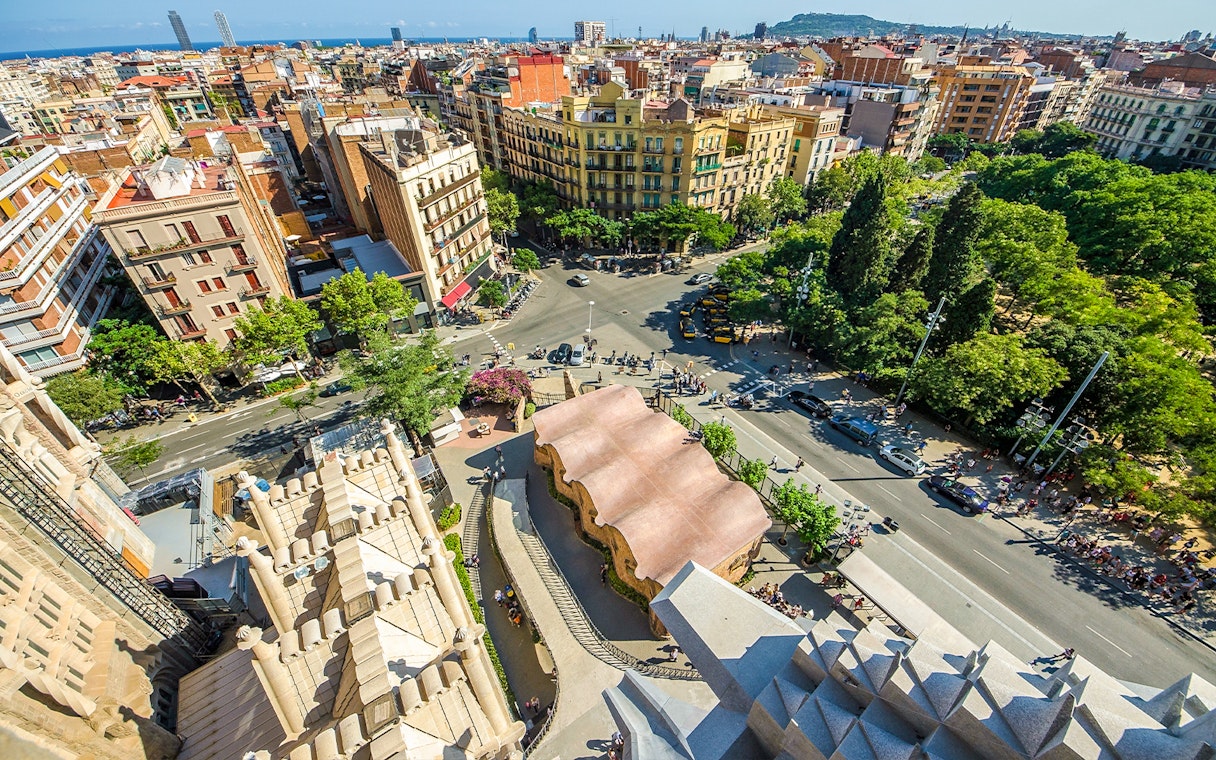 Top-down view of Barcelona streets and buildings from Sagrada Familia, Spain.