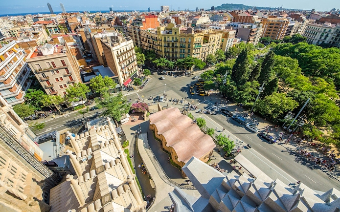 Top-down view of Barcelona streets and buildings from Sagrada Familia, Spain.