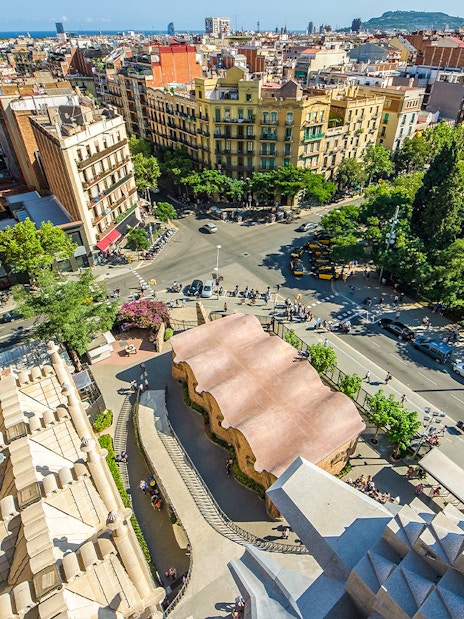 Top-down view of Barcelona streets and buildings from Sagrada Familia, Spain.