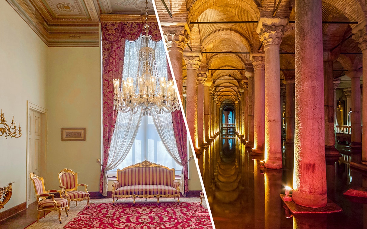 Interior of Dolmabahce Palace harem with ornate chandelier and seating area.