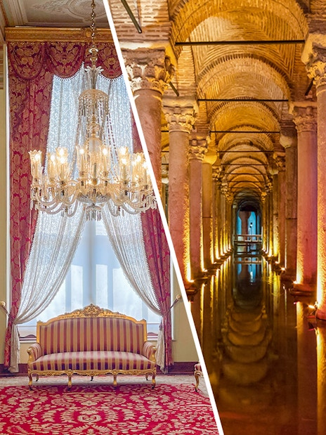 Interior of Dolmabahce Palace harem with ornate chandelier and seating area.