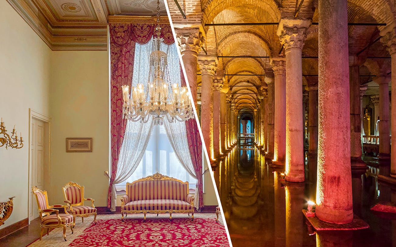 Interior of Dolmabahce Palace harem with ornate chandelier and seating area.