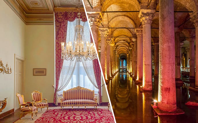 Interior of Dolmabahce Palace harem with ornate chandelier and seating area.