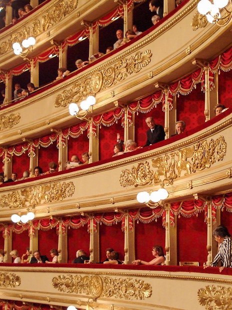La Scala Theater balconies with ornate gold details during skip-the-line guided tour.