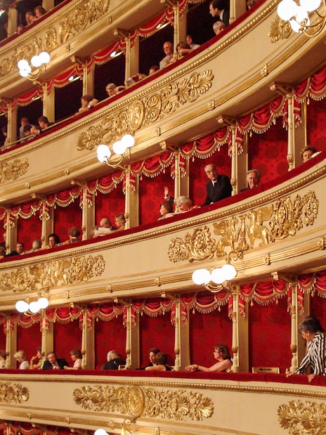 La Scala Theater balconies with ornate gold details during skip-the-line guided tour.