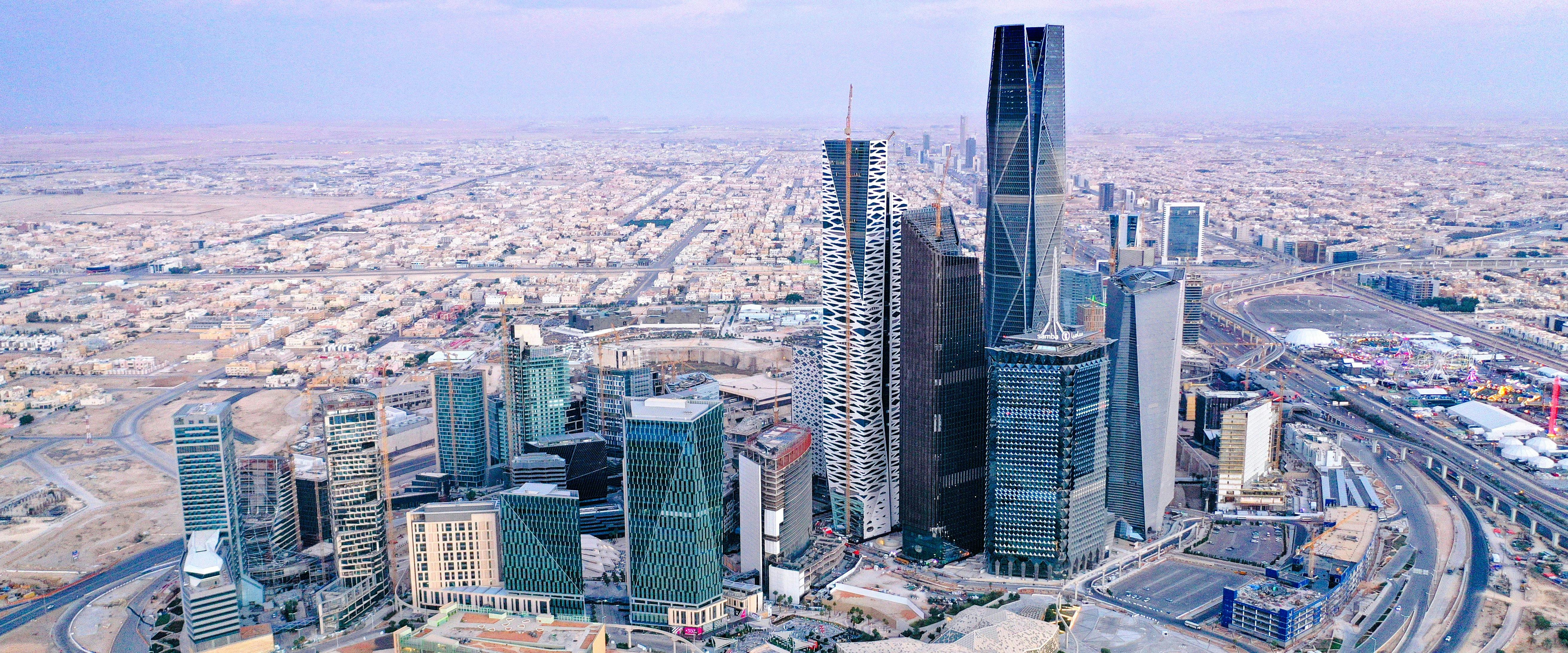 Aerial view of King Abdullah Financial District skyscrapers in Riyadh, Saudi Arabia.