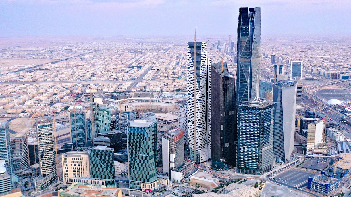 Aerial view of King Abdullah Financial District skyscrapers in Riyadh, Saudi Arabia.