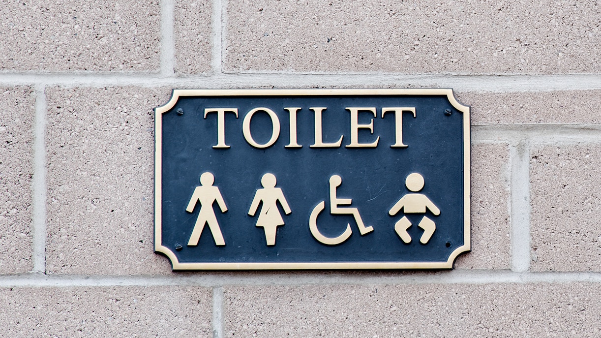 Restroom sign with symbols for men, women, wheelchair access, and baby changing.