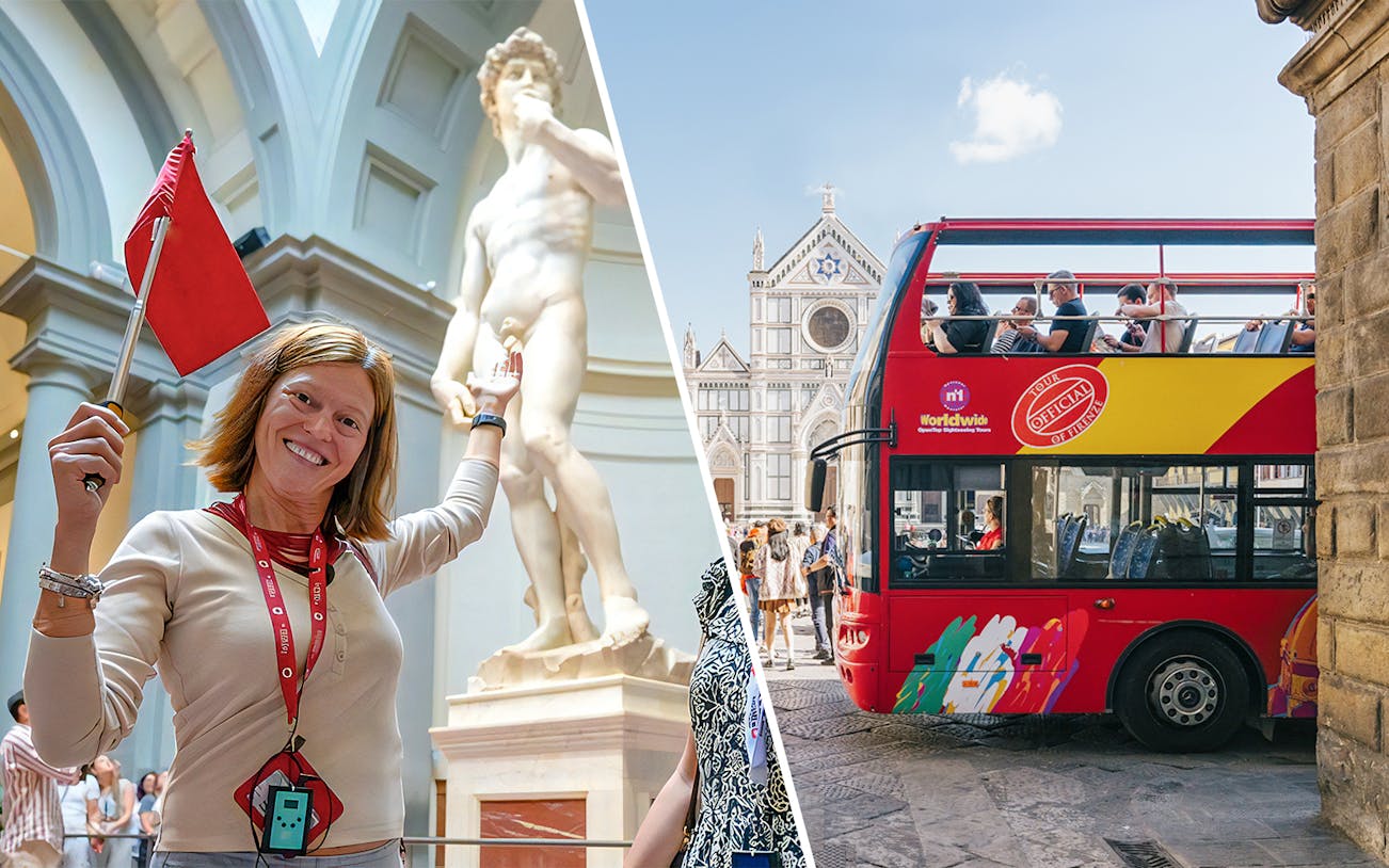 Accademia Gallery guide with David statue and Florence hop-on hop-off bus near Santa Croce.