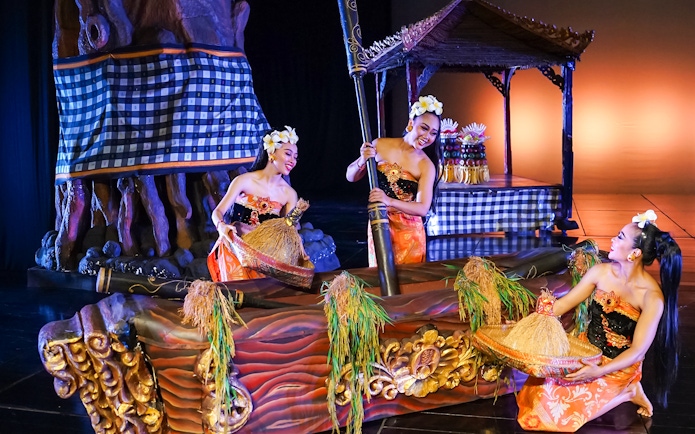 Performers on stage during the Devdan Show in Bali, showcasing traditional costumes and cultural elements.