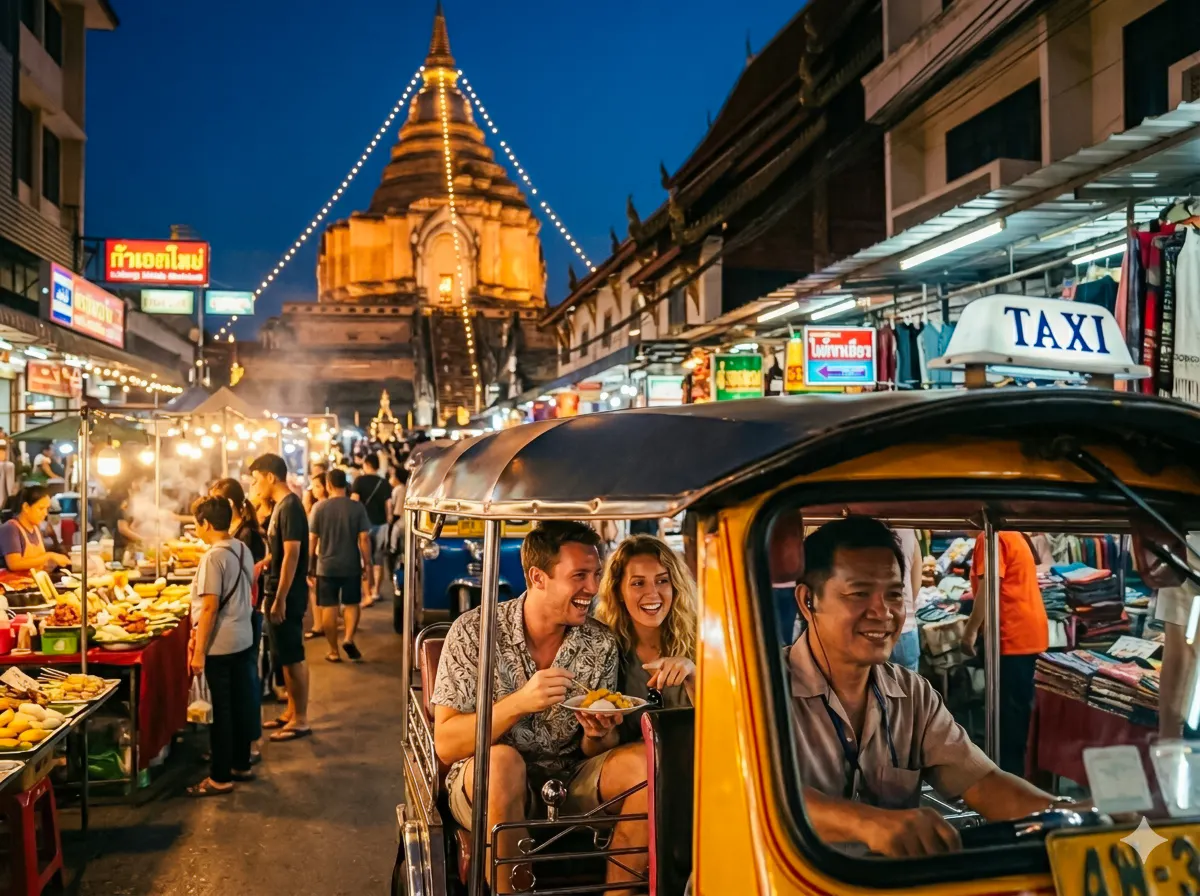 Chiang Mai Night Tuk-Tuk Tour: Temples and Night Market with Street-Food Tasting