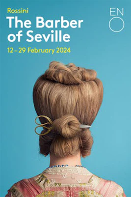 Opera poster for "The Barber of Seville" featuring a classic illustration of a barber with scissors.