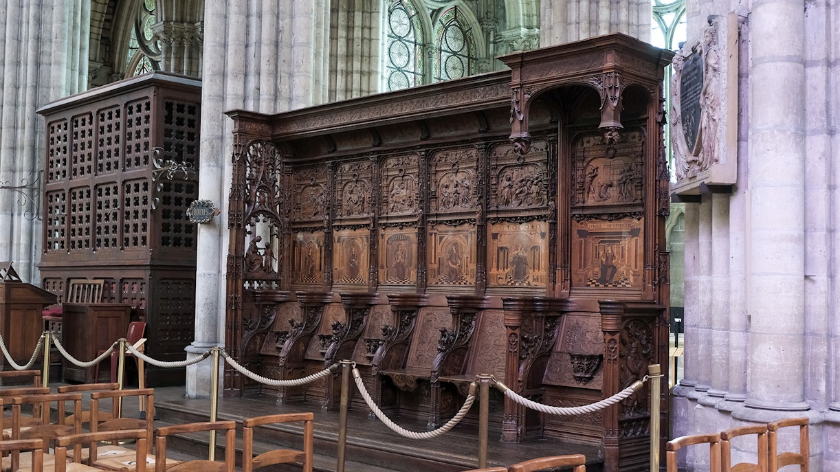 Basilica of Saint-Denis interior with stained glass windows, Paris, France.