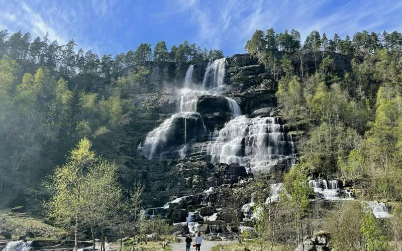Waterfall stop on Bergen to Flåm Railway and Nærøyfjord UNESCO Cruise tour, surrounded by lush forest.