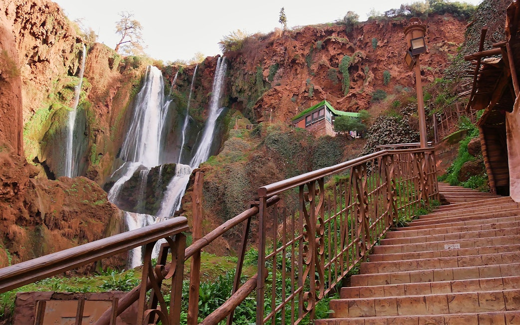 Staircase leading to a viewpoint of Ouzoud Falls, Morocco.