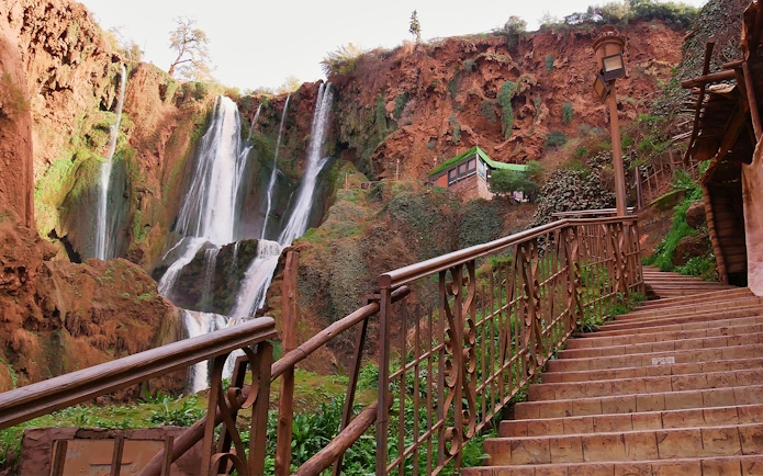 Staircase leading to a viewpoint of Ouzoud Falls, Morocco.