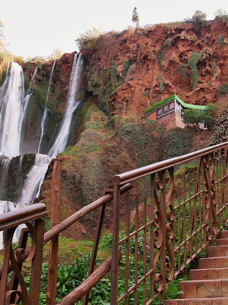 Staircase leading to a viewpoint of Ouzoud Falls, Morocco.
