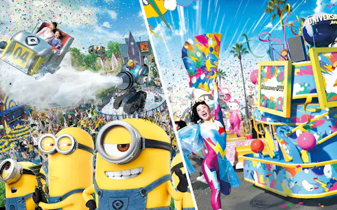 Universal Studios Japan parade with Minions and colorful floats, Discover U!!! special viewing area.