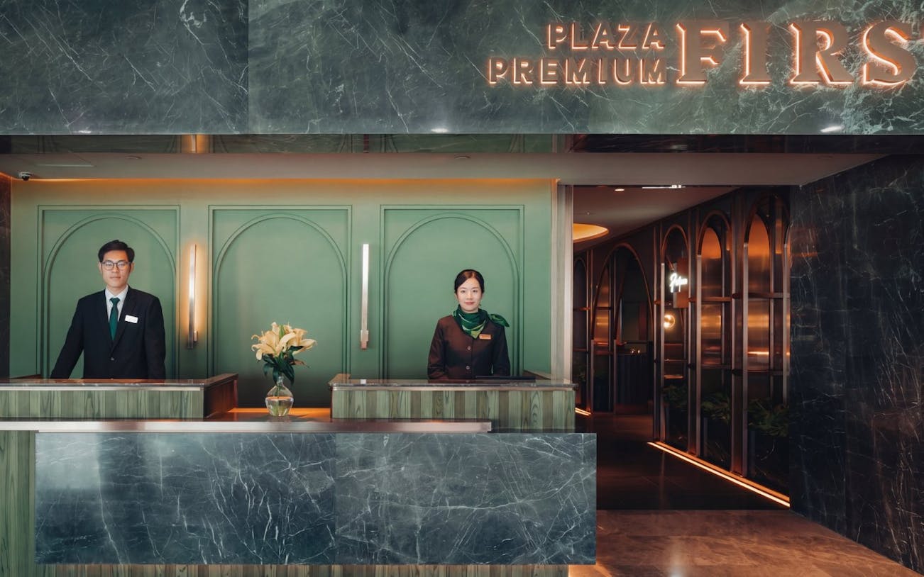 Reception area at the Plaza Premium First lounge, Macau International Airport (MFM).