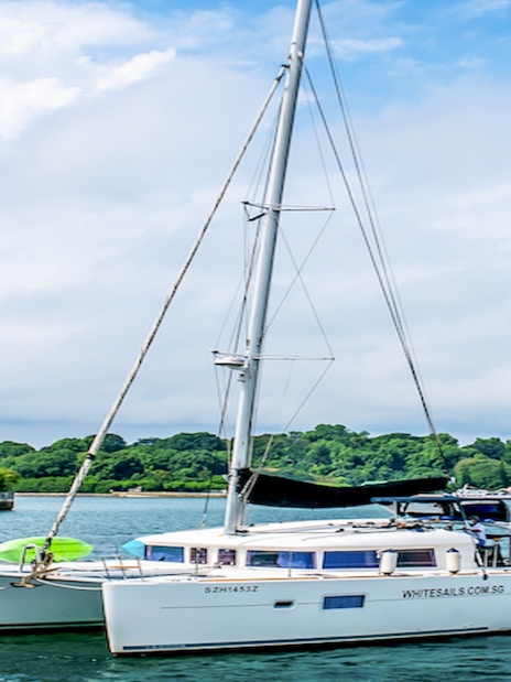 Private yacht anchored in a scenic bay with lush greenery in the background.