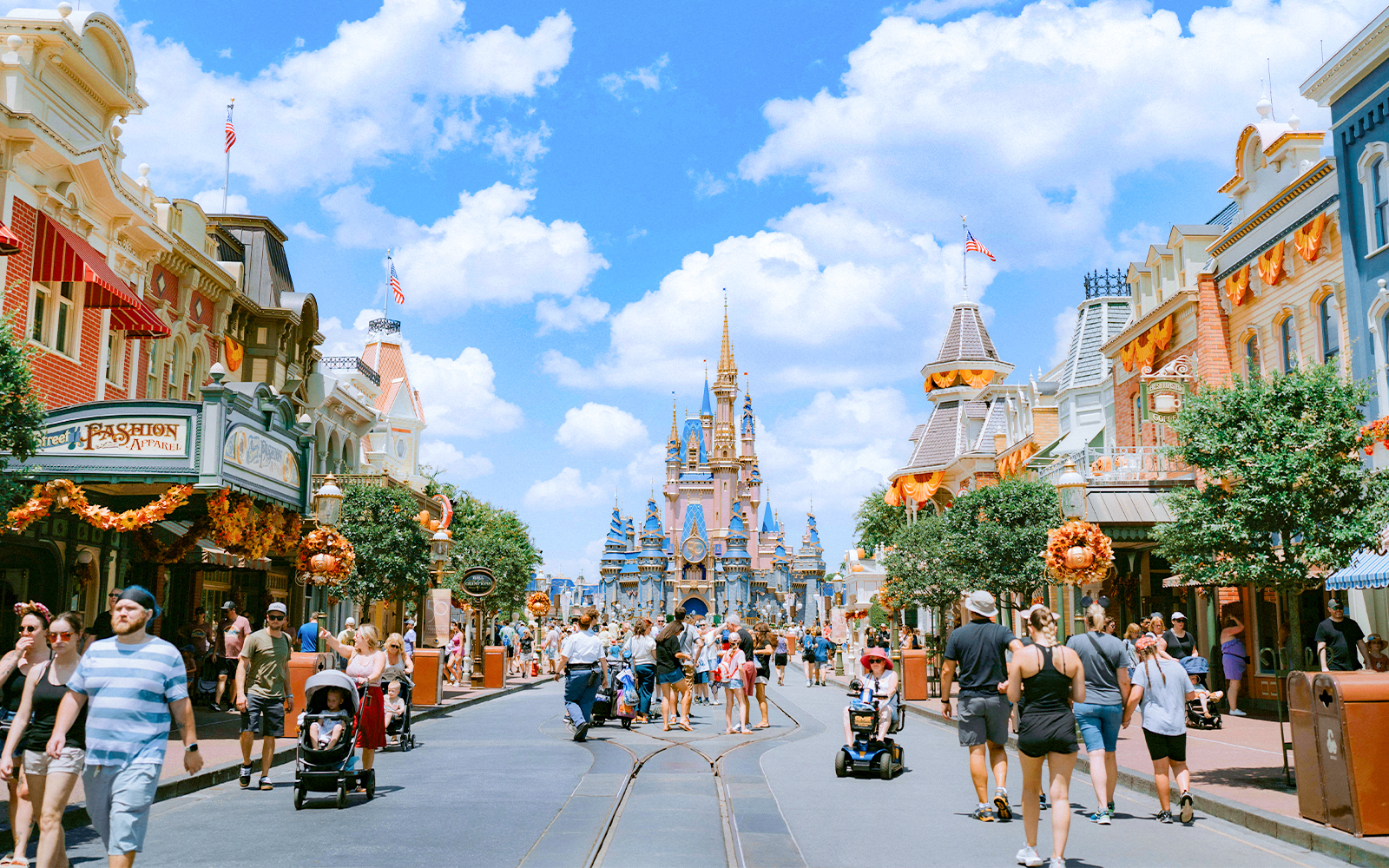 Main Street at Walt Disney World, with Cinderella Castle in the background.