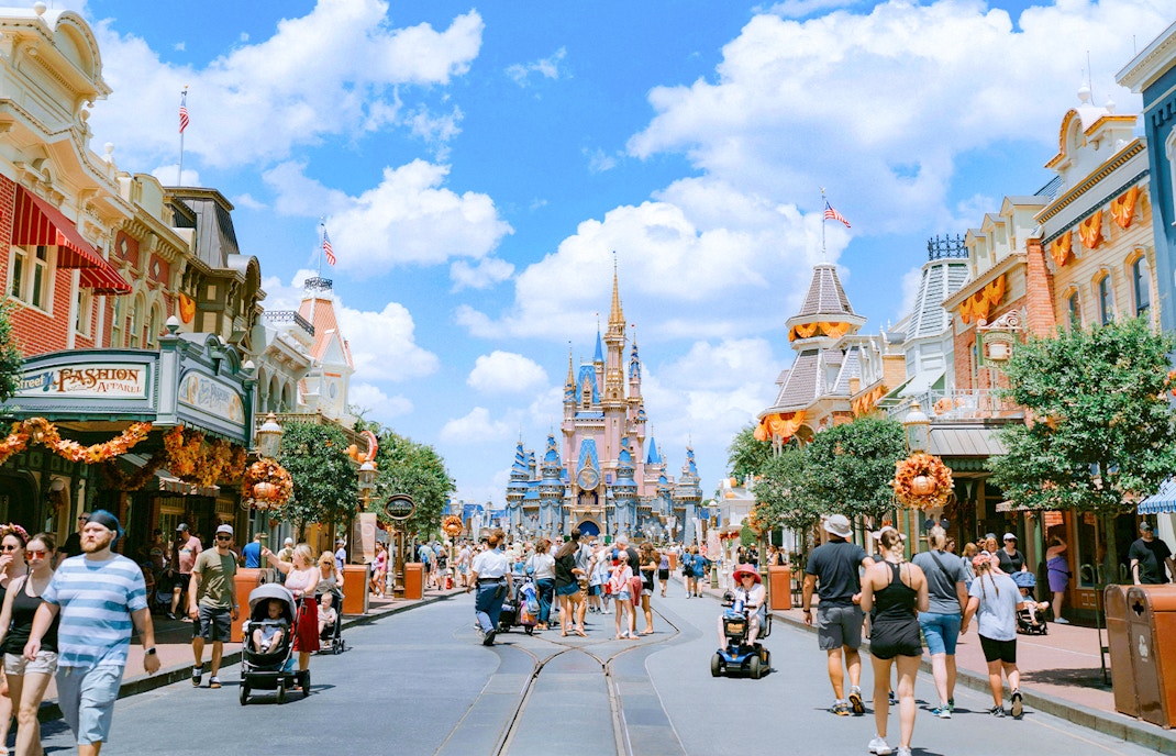 Main Street at Walt Disney World, Orlando, with Cinderella Castle in the background.