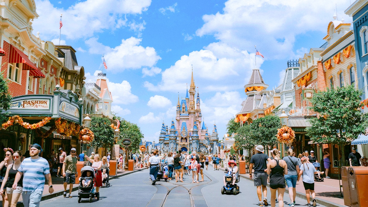 Main Street at Walt Disney World, Orlando, with Cinderella Castle in the background.