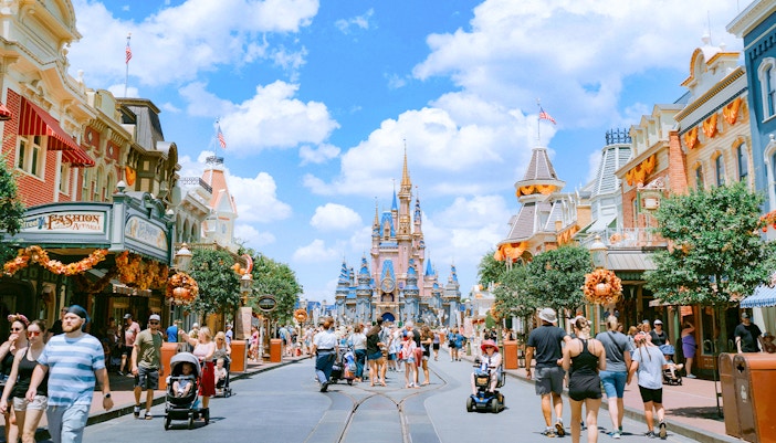 Main Street at Walt Disney World, with Cinderella Castle in the background.