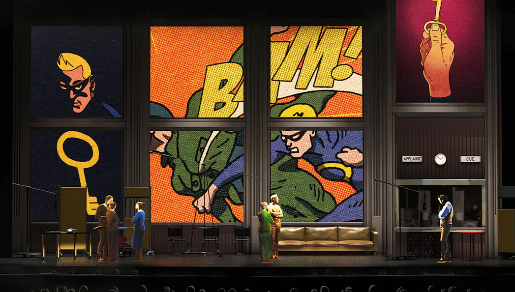 Stage set with comic book panels and actors for "The Amazing Adventures of Kavalier & Clay" performance.
