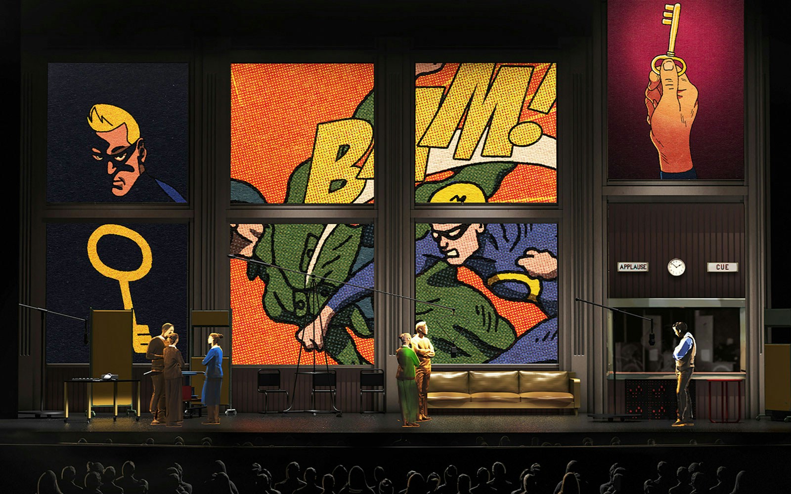 Stage set with comic book panels and actors for "The Amazing Adventures of Kavalier & Clay" performance.