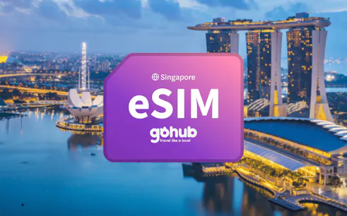Gohub Singapore e-sim with Marina Bay Sands in the background.