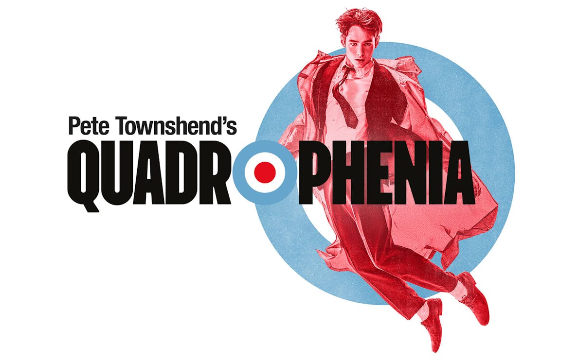 Quadrophenia logo with a person in a red suit and blue circle background